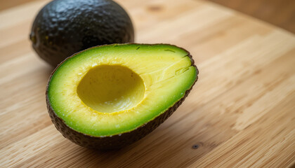 Freshly sliced avocado on wooden board, showcasing its vibrant green flesh and textured skin
