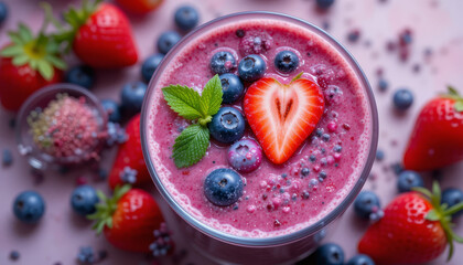 vibrant berry smoothie topped with heart shaped strawberry slice, blueberries, and mint leaves, surrounded by fresh strawberries and blueberries on pink surface
