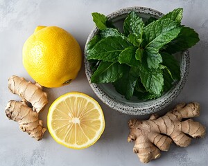 Bright lemons and fresh ginger, adorned with green leaves, form a vibrant and healthy scene against a light backdrop