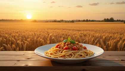 plate of spaghetti with tomato sauce and basil sits on wooden table against backdrop of golden wheat field at sunset, creating warm and inviting scene