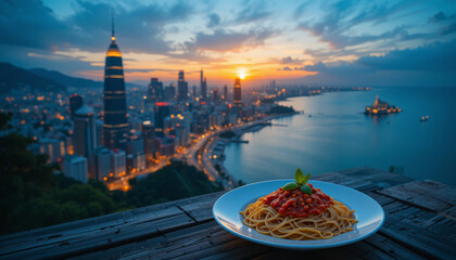 plate of spaghetti with tomato sauce and basil is set against stunning cityscape at sunset, featuring coastline and skyscrapers. vibrant colors of sky enhance scene beauty
