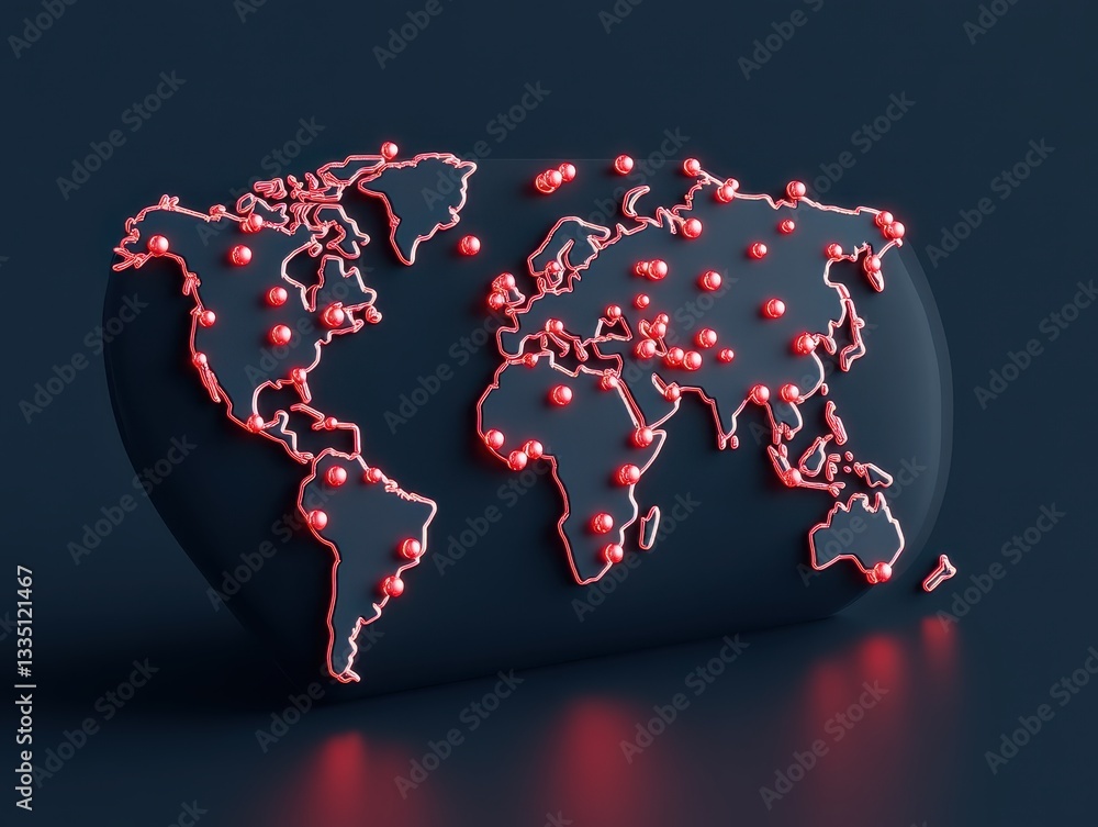 Poster 3d rendered world map with neon red nodes highlighting global connections