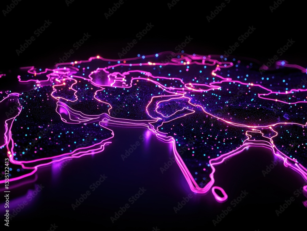 Poster neon-illuminated map of europe and asia with glowing points and lines