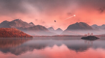 Fototapeta premium A serene landscape with a lake, mountains, and a shooting star.