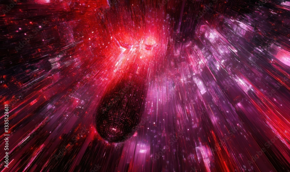 Poster abstract image of glowing digital streams flowing through a virtual network, deep red and purple ton