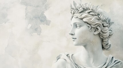 Watercolor Marble Bust of a Noble Woman - A minimalist watercolor painting of a marble bust, symbolizing grace, elegance, nobility, serenity, and timeless beauty