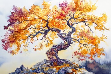Watercolor Majesty: Autumnal Tree on a Rock - A majestic tree in autumnal colors, symbolizing resilience, nature's beauty, time's passage, inner strength, and peaceful serenity