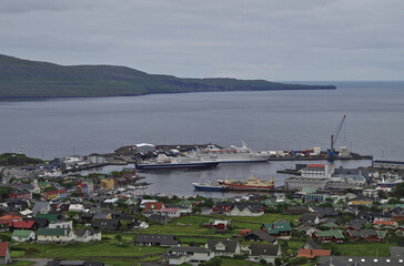 Classic expedition cruiseship cruise ship liner Delphin docked at pier in Thorshavn, Faroe Islands...
