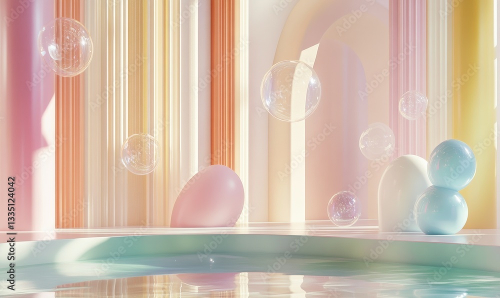 Poster abstract rendering of floating soap bubbles in vibrant pastel colors, smooth reflections creating a 