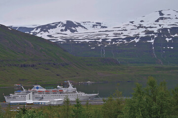 Classic expedition cruiseship cruise ship liner Delphin docked at pier in Seydisfjördur, Iceland...