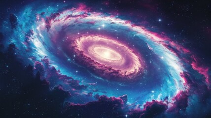 Obraz premium The cosmic galaxy features a massive spiral of nebulae, a glowing light, twinkling stars, and cosmic dust, with a futuristic style and intricate details, creating a sense of wonder and depth.
