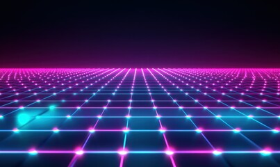 Neon grid pattern under dark sky with futuristic glowing lights.