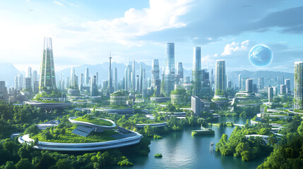 Obraz premium An advanced city powered by solar energy, where all buildings and infrastructure are designed for sustainability, creating an energy-efficient, eco-conscious environment for urban life.