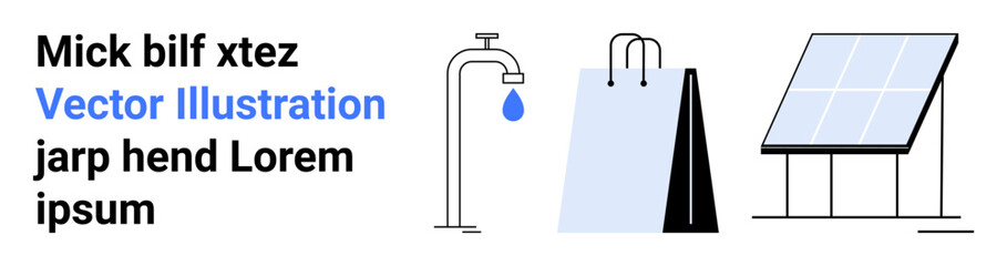Solar panel producing clean energy, faucet with water drop symbolizing conservation, shopping bag promoting eco-consumption. Ideal for sustainability, environment, energy, water, eco-friendly