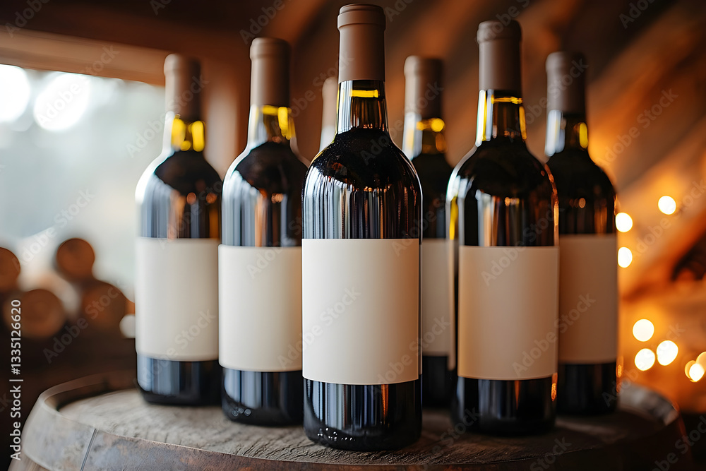 Poster unique collection of wine bottles with blank labels set on a wooden barrel. generative ai.
