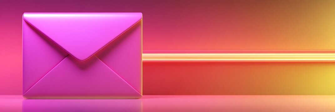 Pink envelope with reflection on colorful background, concept for email, message, online communication