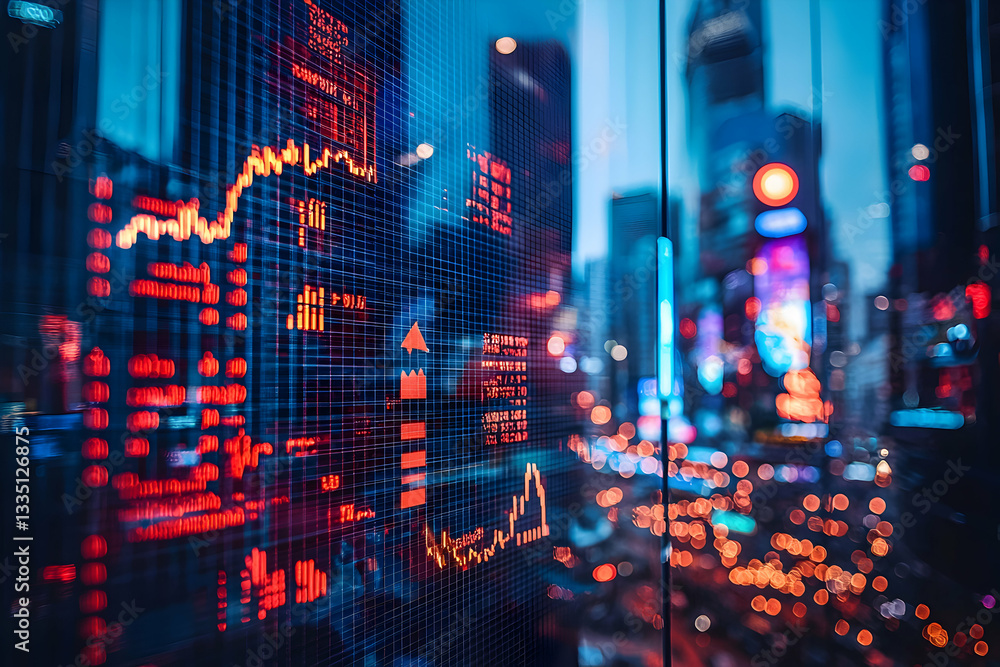 Poster analyzing financial data displayed on a screen with cityscape reflections