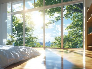 Fototapeta premium Warm afternoon glow in a bright sunlit bedroom with large windows serene natural view standing perspective