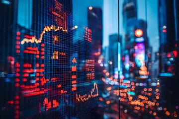 Obraz premium Analyzing Financial Data Displayed on a Screen with Cityscape Reflections