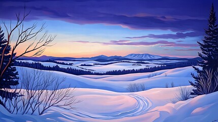 A painted winter landscape features snow covered hills and trees