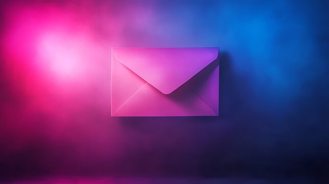 Pink envelope floating in colorful neon light with abstract background for communication