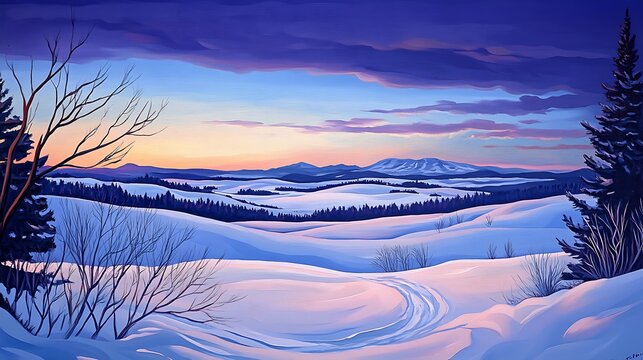 A painted winter landscape features snow covered hills and trees