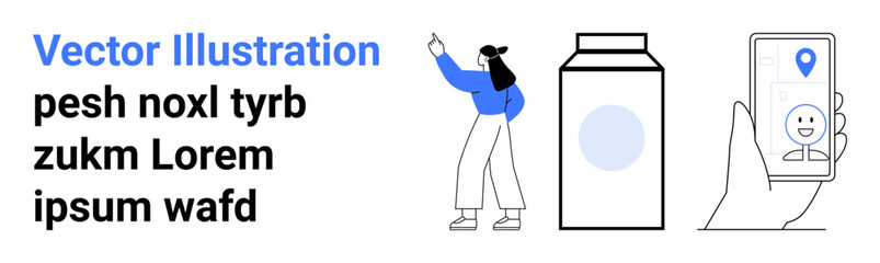 Female character pointing, milk packaging, smartphone with location pin and emotion. Ideal for delivery, navigation, marketing, ecommerce, health, lifestyle simple landing page