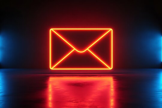 Illuminated envelope icon glowing in a dark room, representing email communication