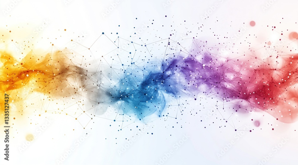 Poster intricate design features a blend of colors with interconnected shapes and scattered dots, forming a