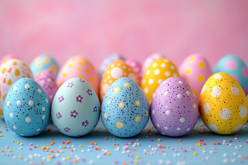Fototapeta premium Colorful easter eggs decorated with various patterns and pastel colors, arranged with confetti and against a gradient backdrop, create a cheerful seasonal display for celebration 