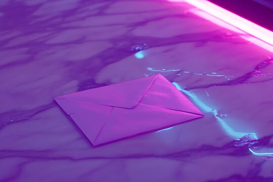 Pink envelope on marble table with neon light. For romantic notes or messages - Powered by Adobe