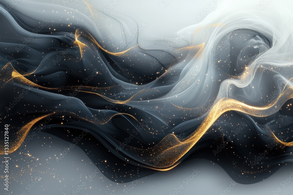Poster a swirling display of smoke and liquid forms dynamic patterns, with delicate golden highlights addin