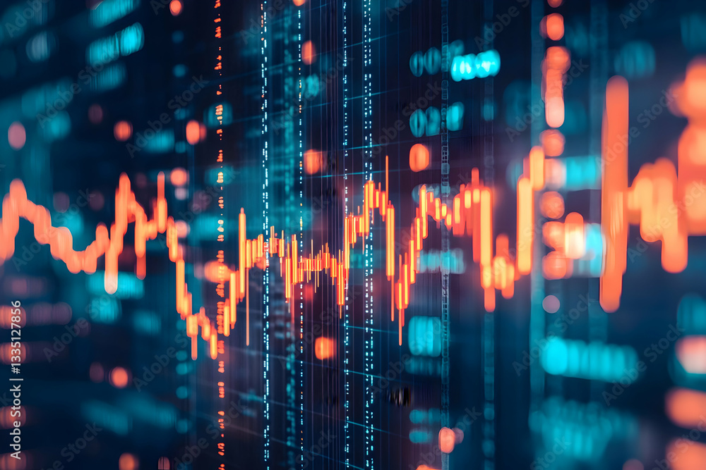 Poster analyzing stock market chart graph with orange lines on dark background