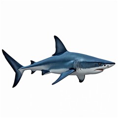 Fototapeta premium Majestic blue shark isolated on clean white backdrop. Sea predator with powerful jaws exhibits aquatic wildlife. Dangerous marine animal on plain background is ideal for educational projects.
