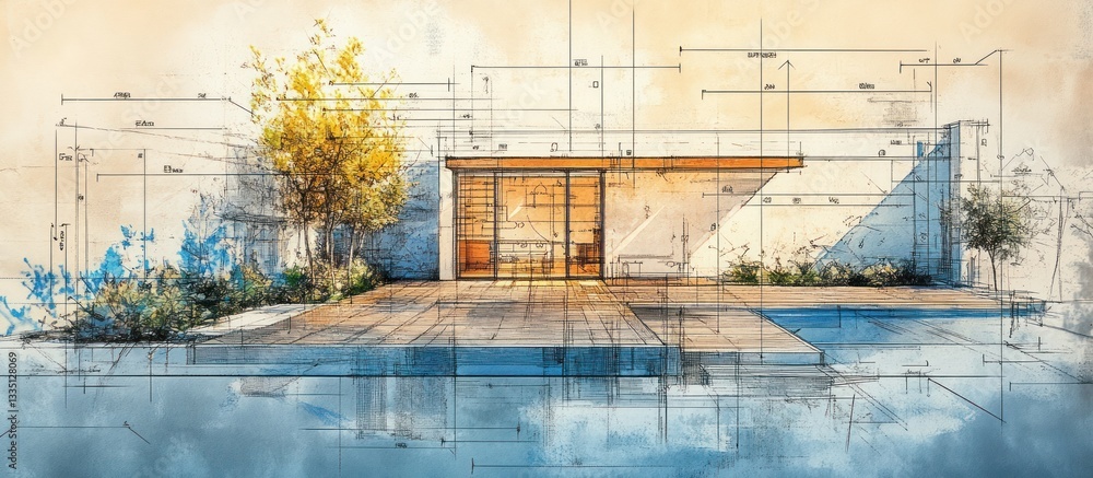 Poster a conceptual architectural sketch of a modern building with landscaping elements.