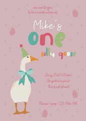 Cute playful birthday kids invitation card wih goose  in ribbon bow. Funny character flat illustration. Vector baby invite design.  © DigARTbyHavroshka
