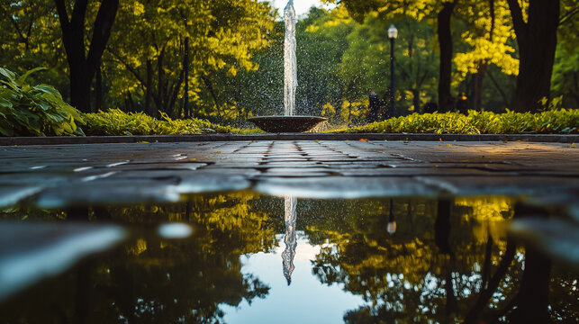 Serene park puddle gently mirrors nature’s subtle movements, offering a reflective escape in tranquil surroundings