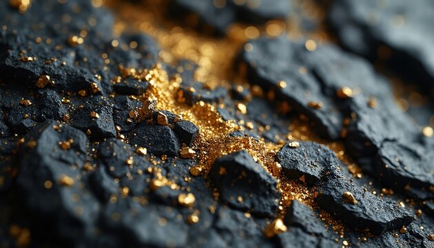 Black rock with gold flakes. Mineral wealth abstract texture. Shiny gold particles on rough stone surface. Precious ore geologic deposit. Earth element contrast. Mining industry excavation. - Powered by Adobe