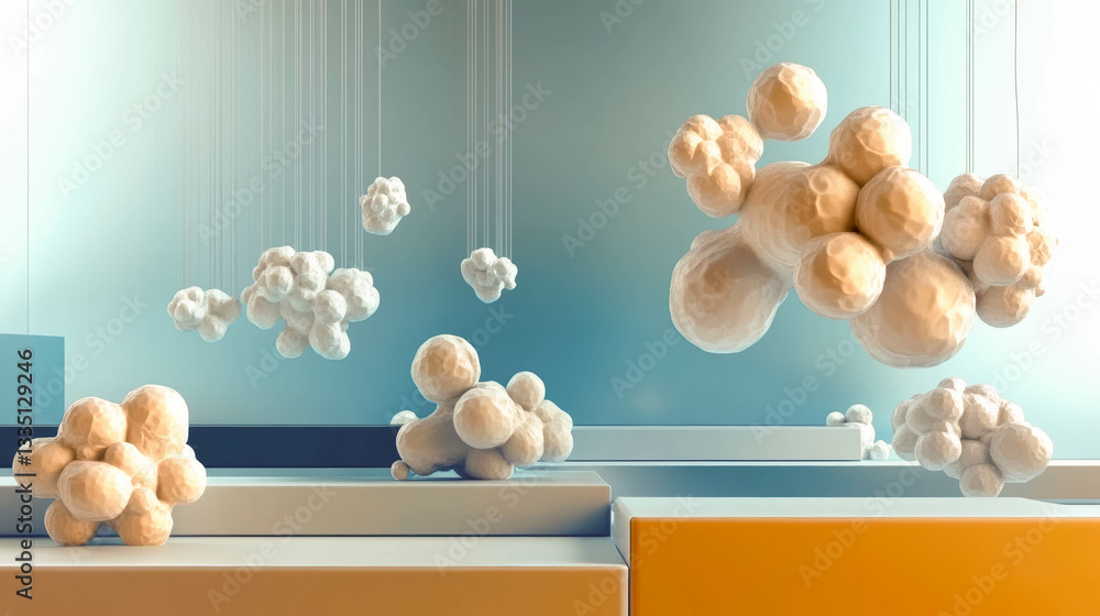 Poster floating abstract forms create a dreamy landscape against a serene blue background