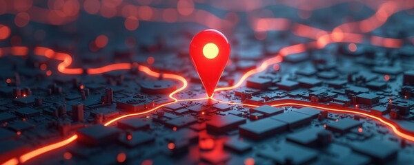 Abstract digital city map with glowing red lines, map pin. Network connection, GPS navigation tech concept. Location search, travel destination, urban planning. Global connectivity, modern tech.