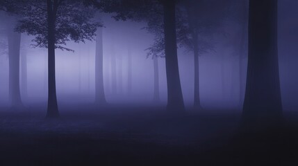 A misty forest scene with tall trees shrouded in purple fog, creating a mysterious atmosphere.