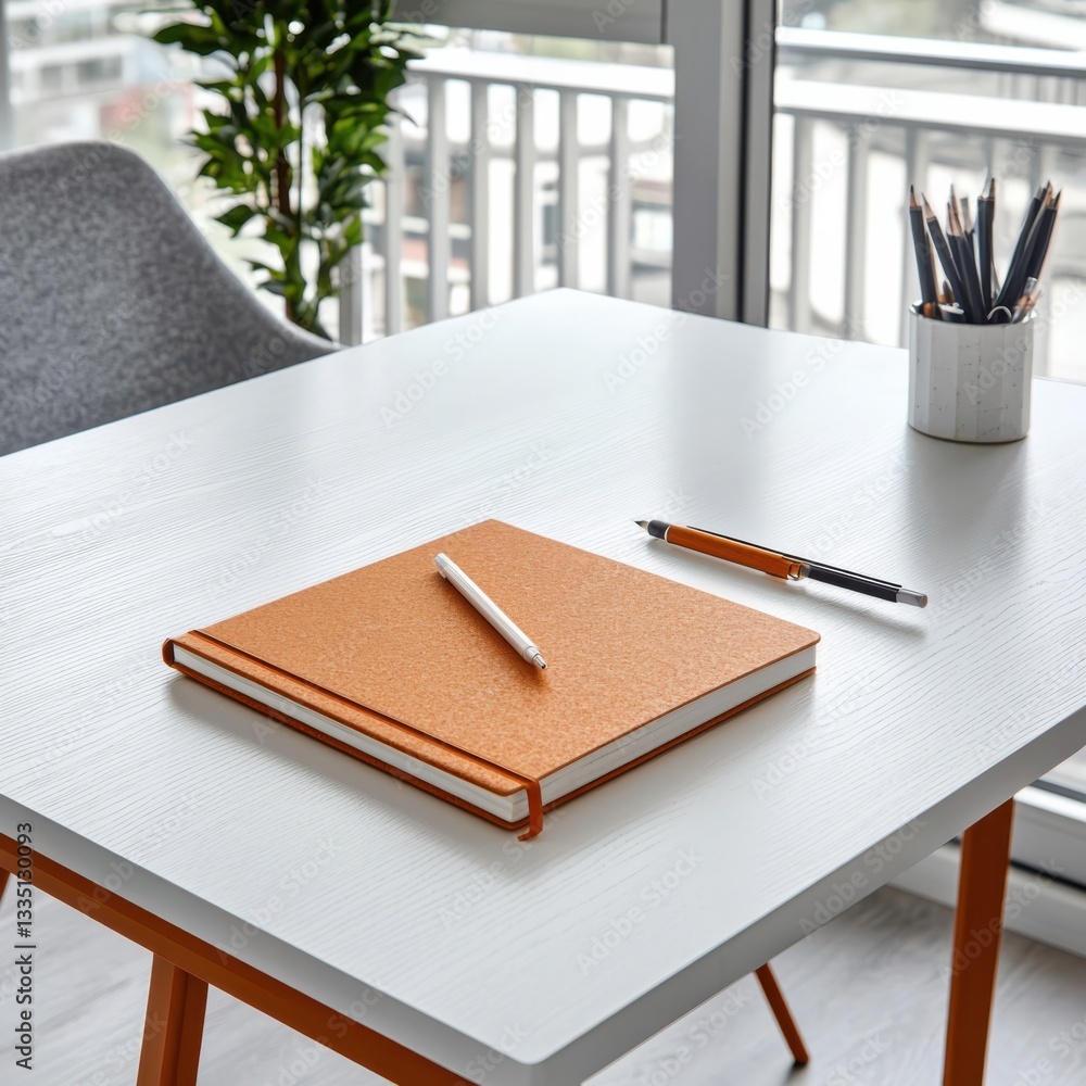 Poster modern white desk with notebook bright ambient light minimalist workspace indoor setting straight-on