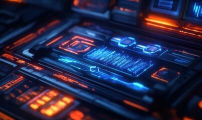 Fototapeta premium Futuristic digital control panel with glowing blue and orange lights.