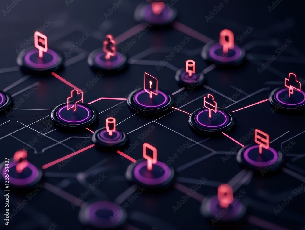 Poster abstract digital network with glowing icons and connections on dark background