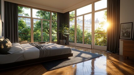 Fototapeta premium Spacious bedroom with soft morning light urban view interior design modern aesthetic wide angle lens airy feel