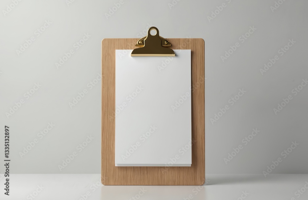 Poster 3d rendering of wood clipboard with blank sheets of paper with golden clip on white background. empt