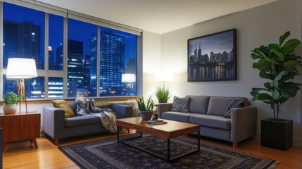 Fototapeta premium Contemporary Living Room with Soft Lighting and Art