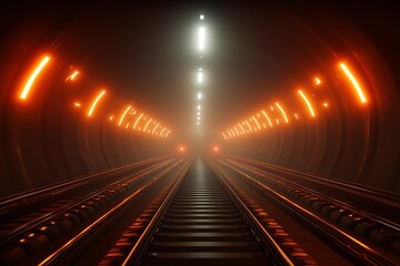 Subway tunnel with glowing orange lights and train tracks, transportation concept