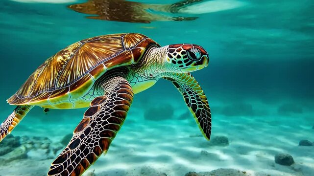 Floating green sea turtle in turquoise ocean 