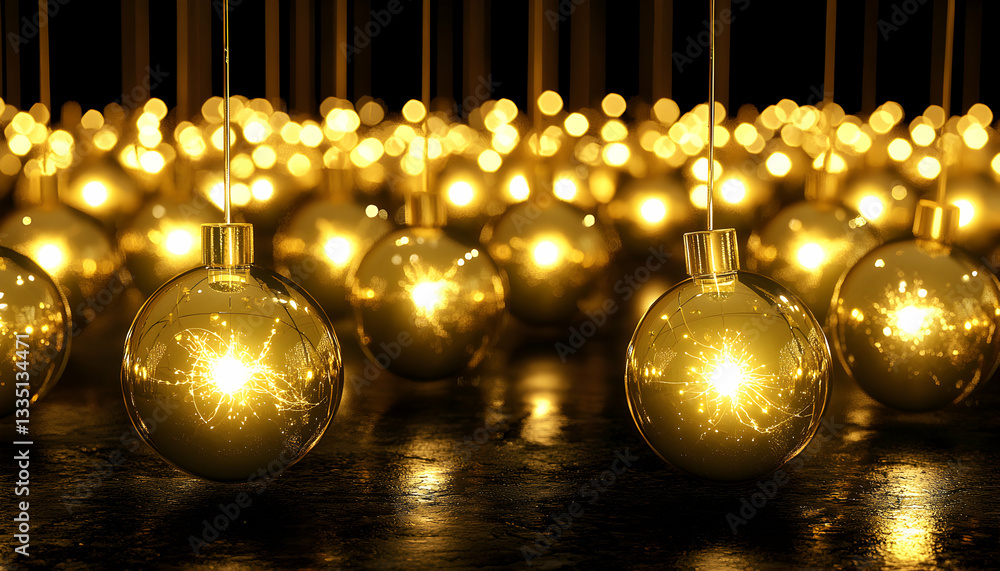 Poster golden ornament display with reflective surface and string lights